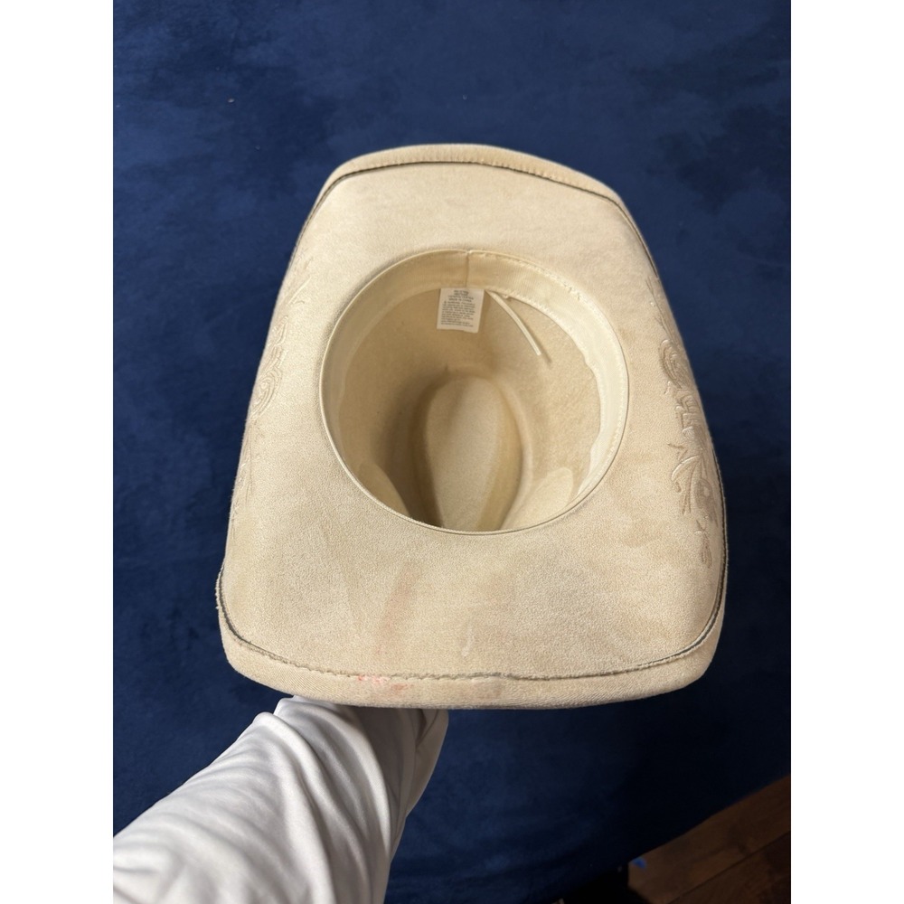 Faux Suede Cowboy Hat Beige Floral Embroidery Western Tassel Boho Large - Picture 3 of 5